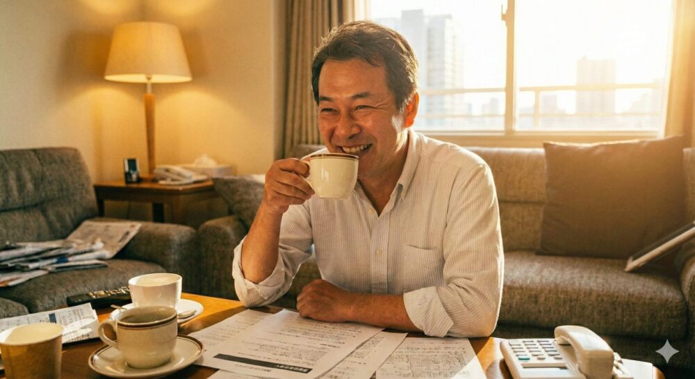 朝日を受け珈琲飲むおっちゃん