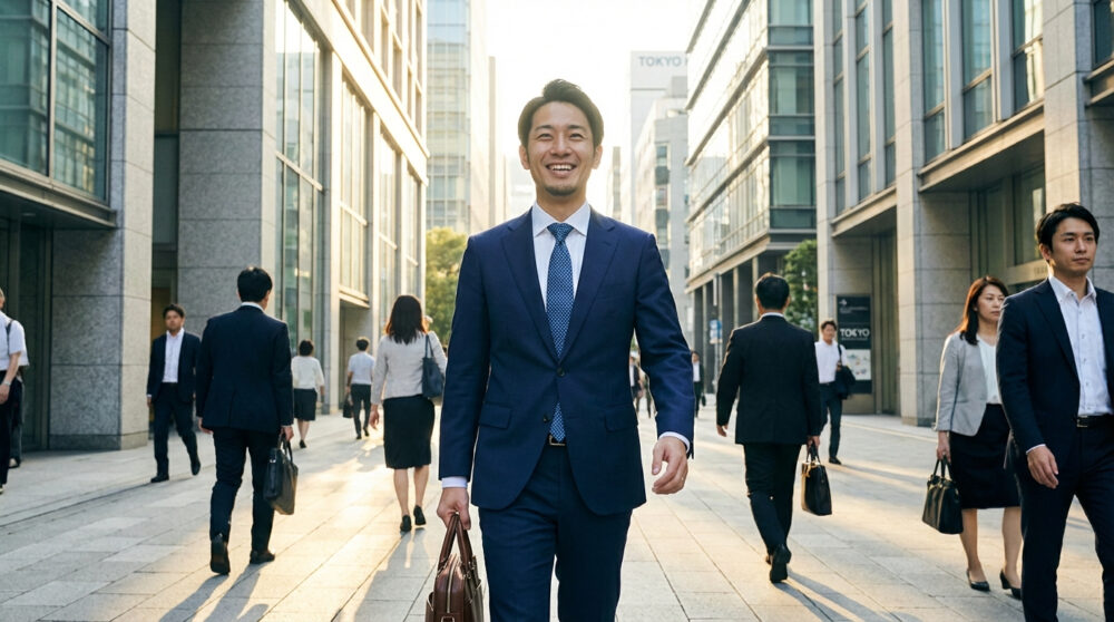 信に満ちた表情で出勤するスーツ姿の男性"