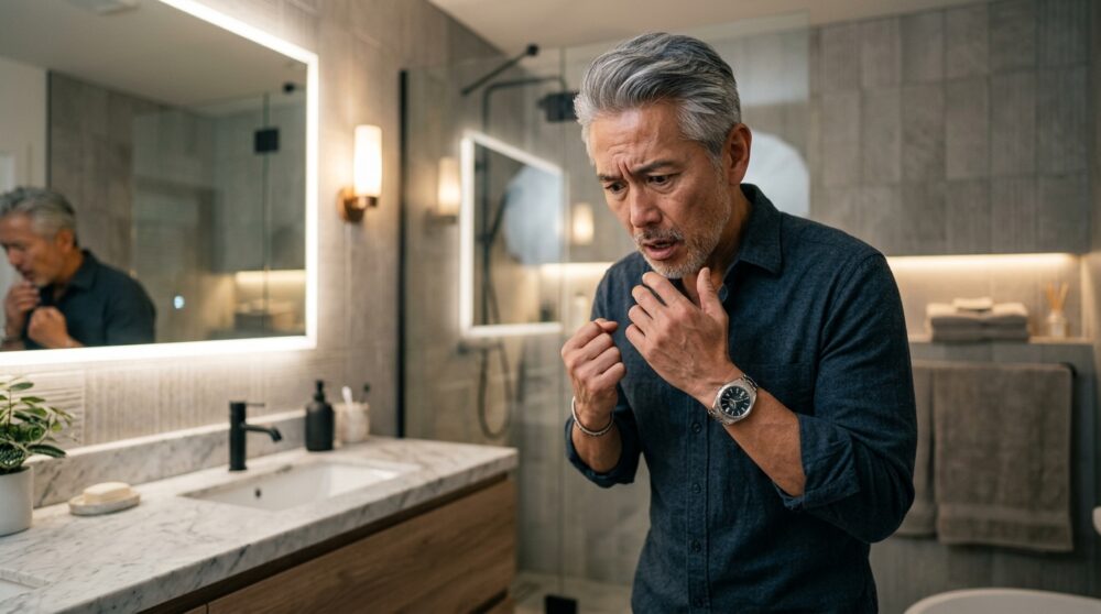 お風呂でアンダーヘアの白髪を見つけてショックを受ける50代男性