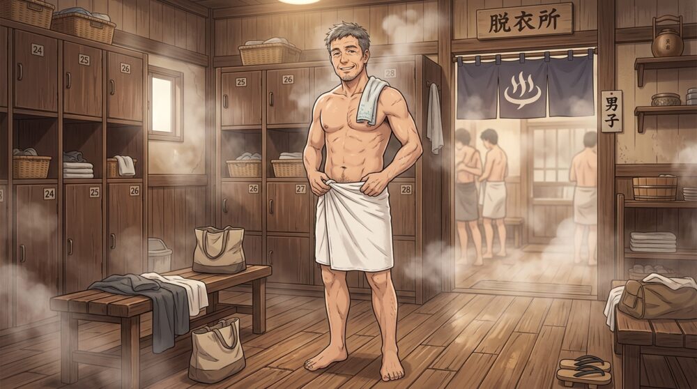 vio脱毛した50代男性が温泉の脱衣場で満足気な表情
