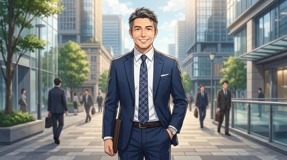 自信に満ちた爽やかな笑顔を見せるスーツ姿の40代・50代日本人男性