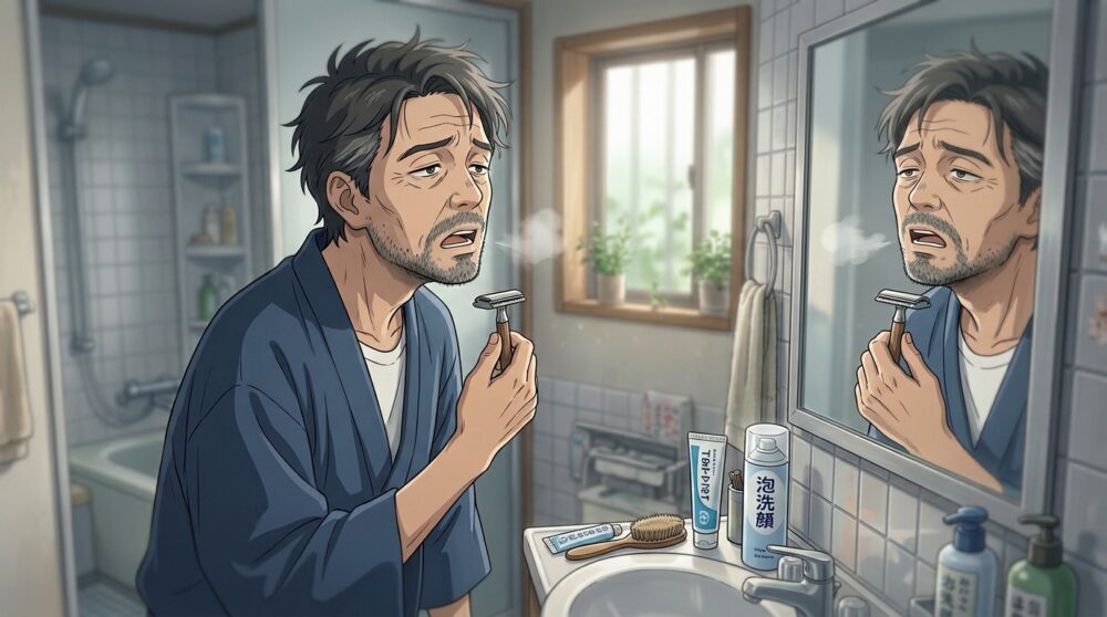 洗面所の鏡の前で毎朝のヒゲ剃りにうんざりしている40代男性