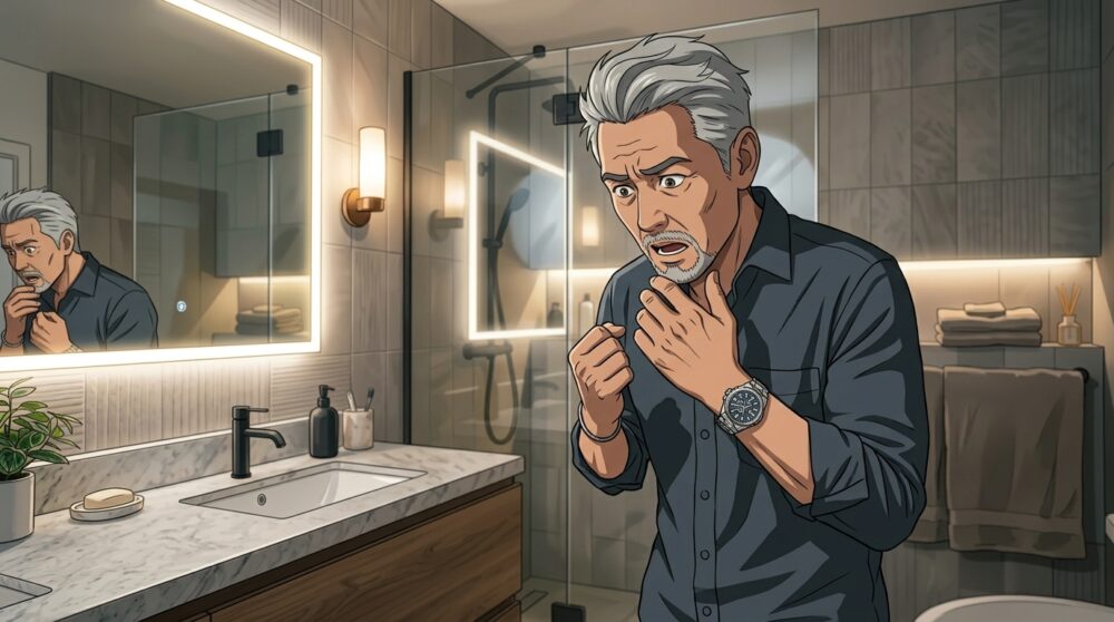 50代男性がヒゲが白くなり落胆の表情で下を向いている