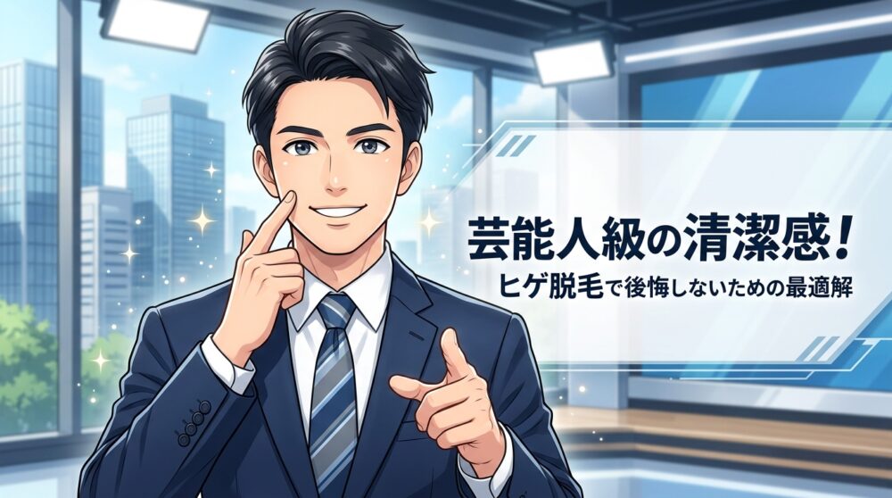 スーツ姿で笑顔の男性がヒゲ脱毛を想起させるように頬を指差しているイラスト。