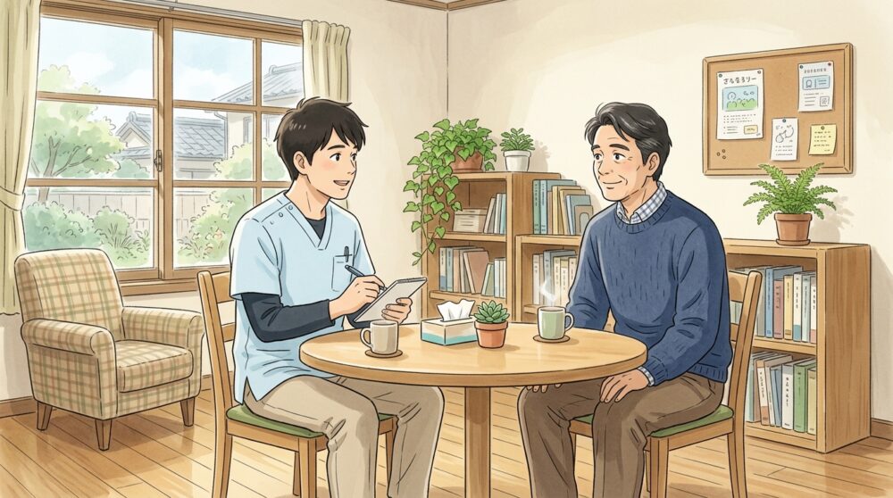 クリニックで安心して相談する男性のイラスト