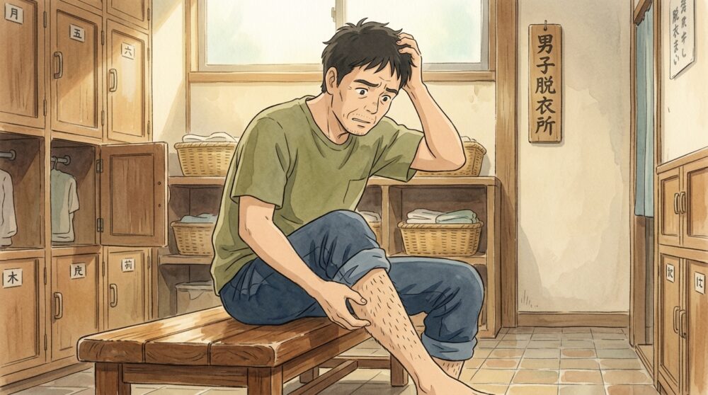すね毛を気にする40代日本人男性のイラスト