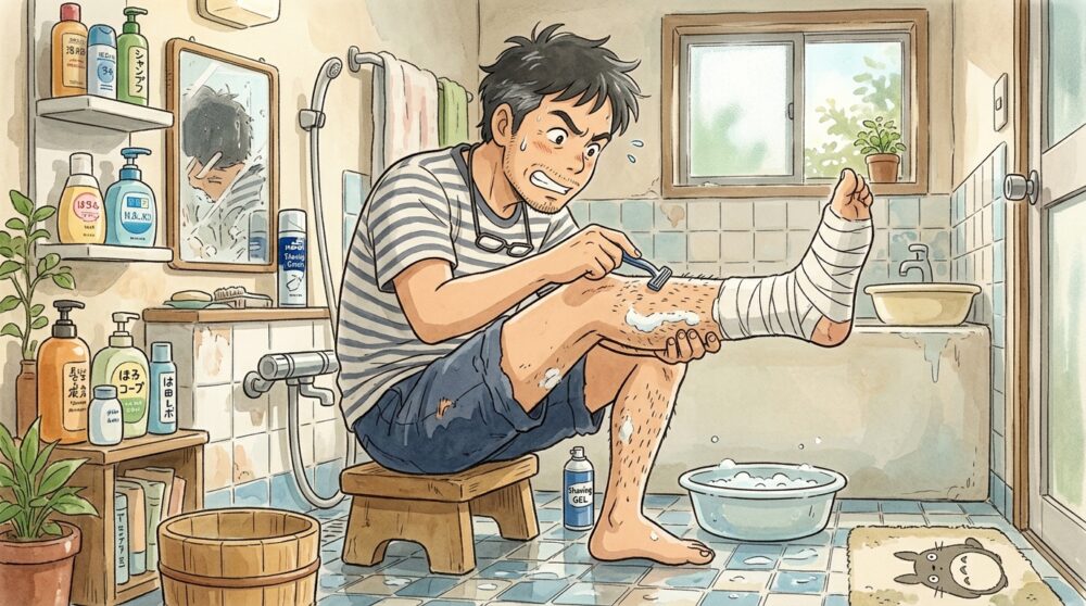 カミソリでの自己処理に失敗する男性のイラスト