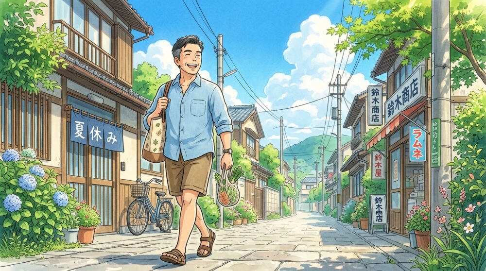 脱毛後に短パンで快適に過ごす男性のイラスト