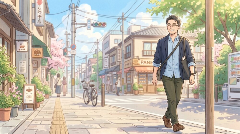 VIO脱毛後に外を歩く清々しい表情の40代男性のイメージ